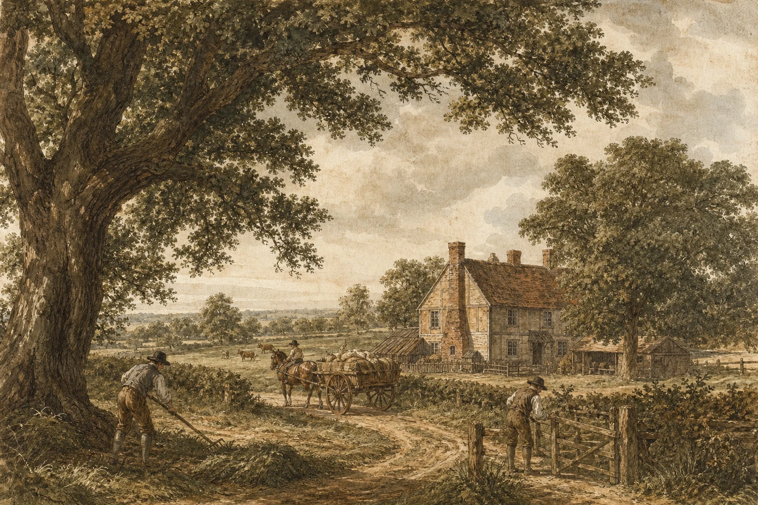 Late-eighteenth-century rural watercolour-style editorial view of an oak enclosure, farm buildings, horse cart and distant Acton village.