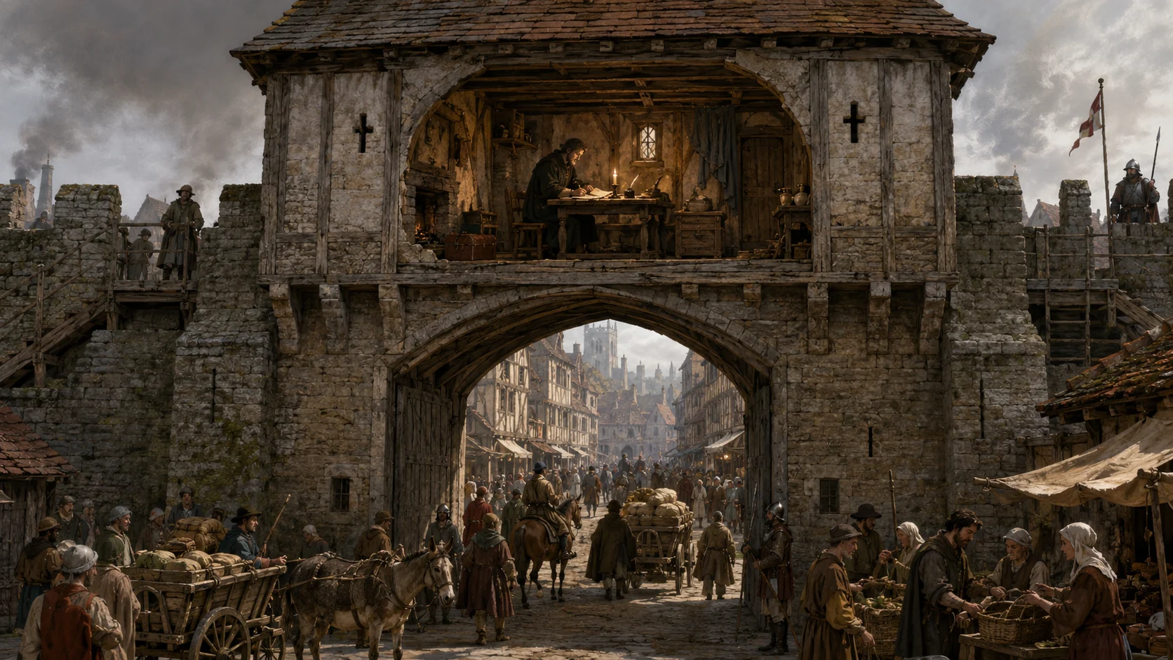 Historical illustration of a fortified medieval city gate with a room above a busy street.