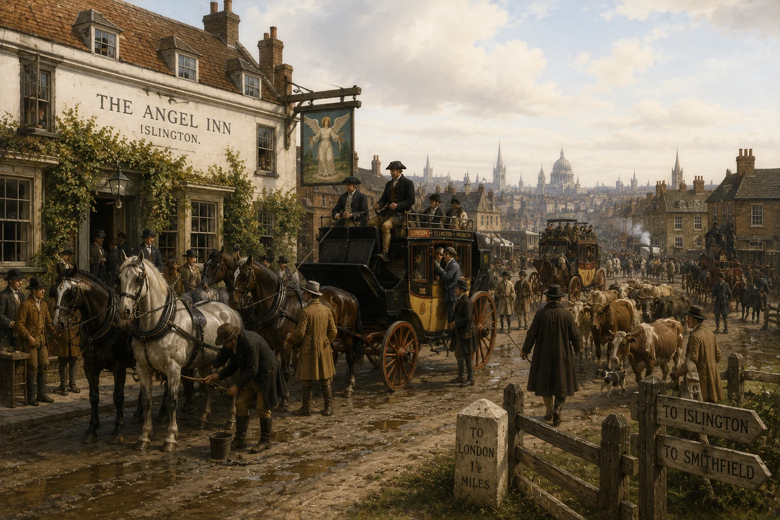 Historical illustration of the Angel Inn beside a muddy road crowded with horse-drawn coaches and travellers.