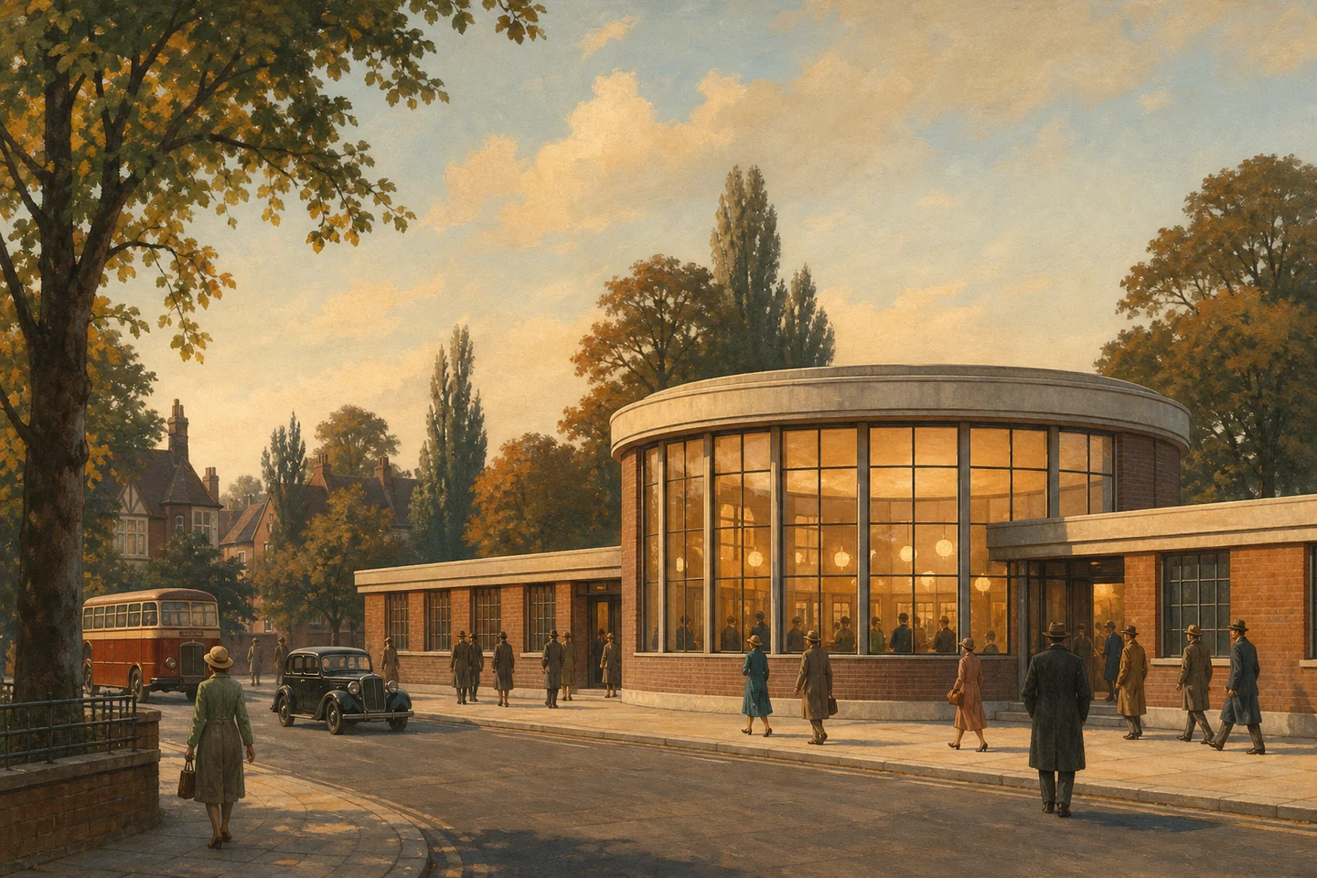 Passengers in 1932 coats and hats approach Arnos Grove station on Bowes Road, its circular brick-and-glass ticket hall glowing in late-afternoon light beside a period bus and motor car.