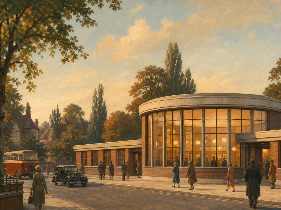 Passengers in 1932 coats and hats approach Arnos Grove station on Bowes Road, its circular brick-and-glass ticket hall glowing in late-afternoon light beside a period bus and motor car.