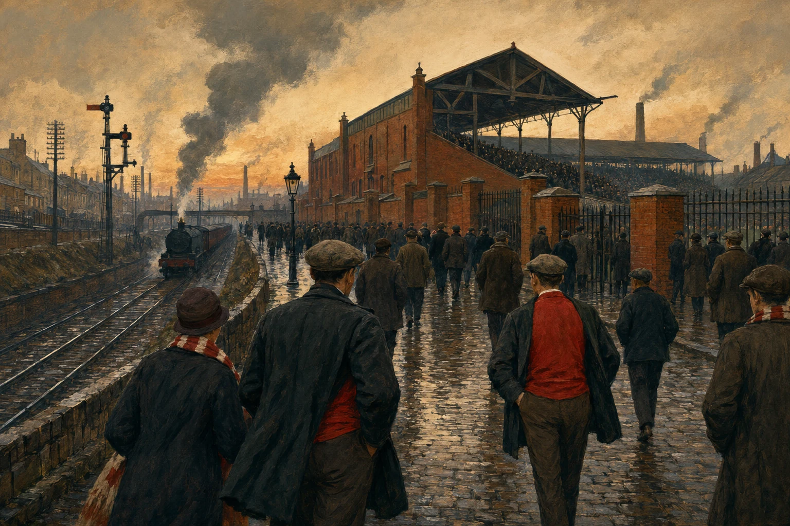 A painted editorial scene of early twentieth-century football supporters walking beside a steam railway towards a red-brick north London football ground.