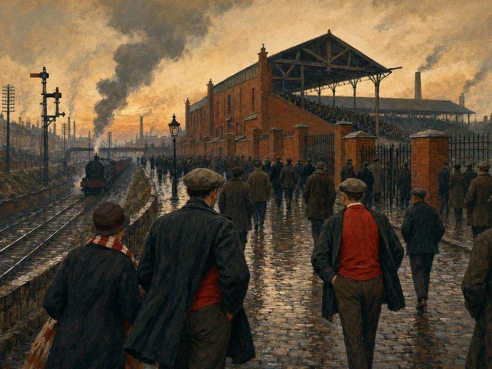A painted editorial scene of early twentieth-century football supporters walking beside a steam railway towards a red-brick north London football ground.