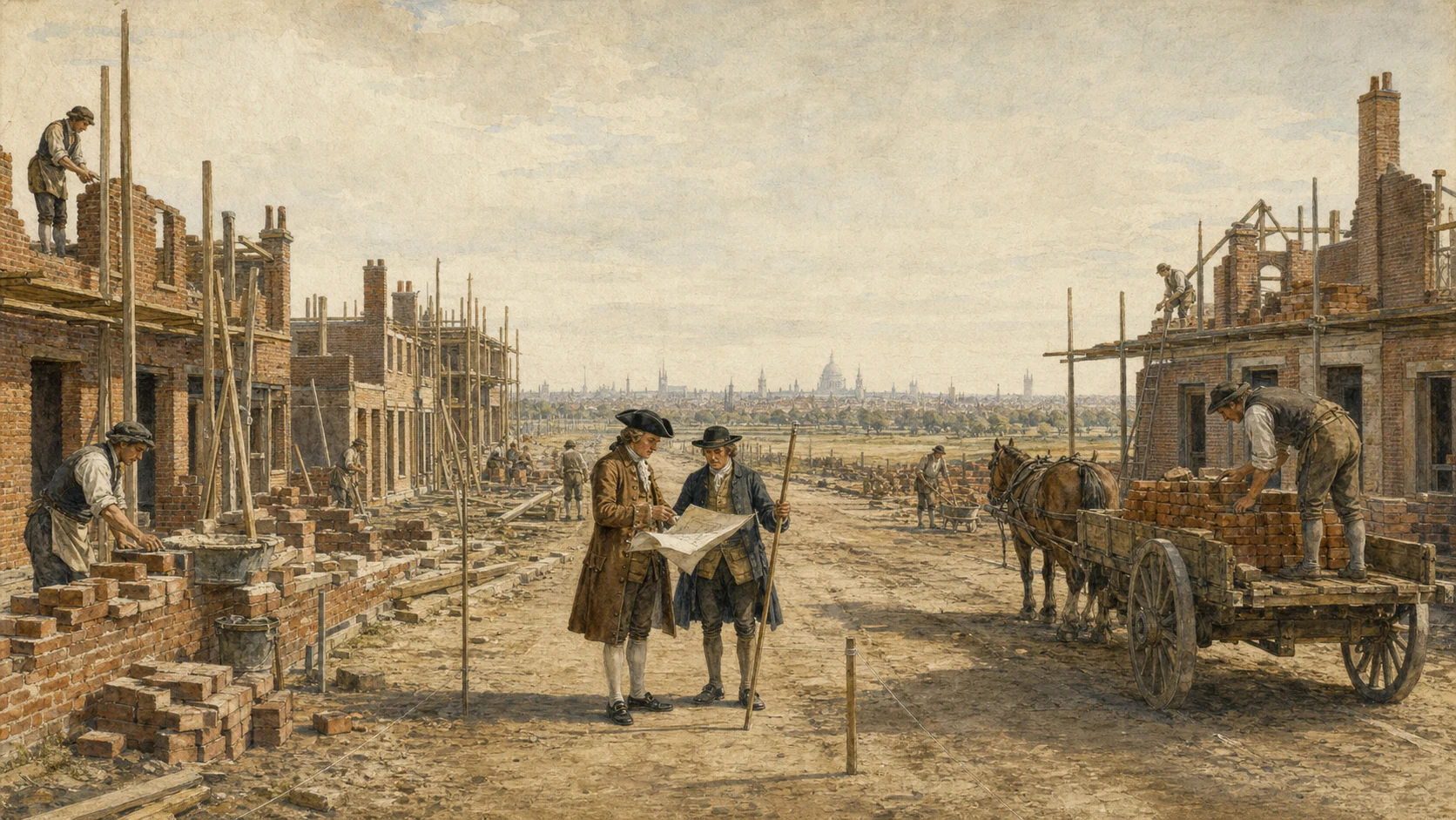 A Georgian builder on the Portman estate watches Baker Street take shape, with early Marylebone houses rising beyond survey stakes and brick carts.