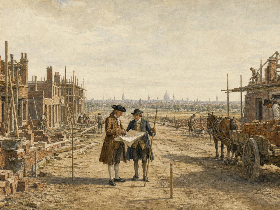 A Georgian builder on the Portman estate watches Baker Street take shape, with early Marylebone houses rising beyond survey stakes and brick carts.