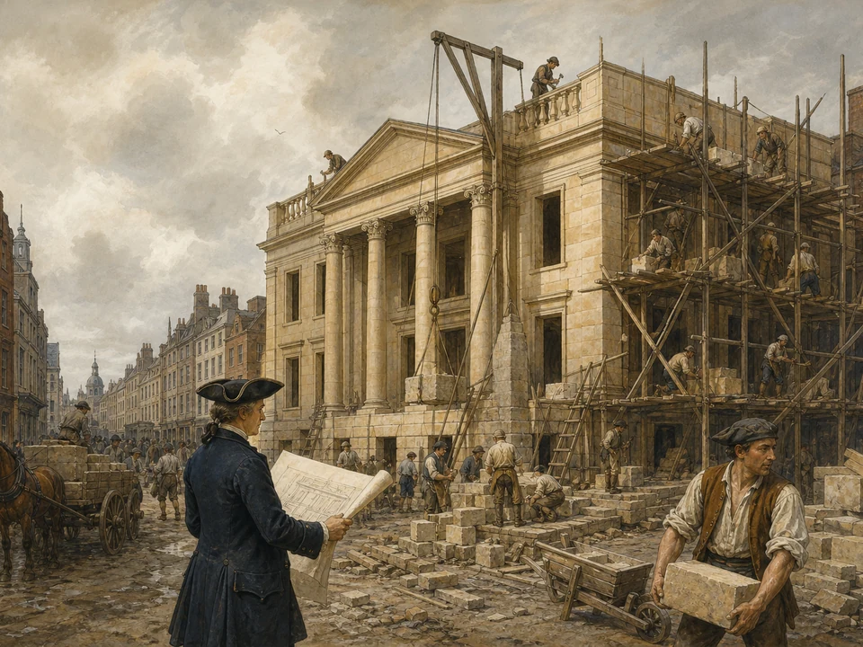 Masons raise the Bank of England’s first purpose-built Threadneedle Street office in the early 1730s while a Georgian clerk studies architectural plans.