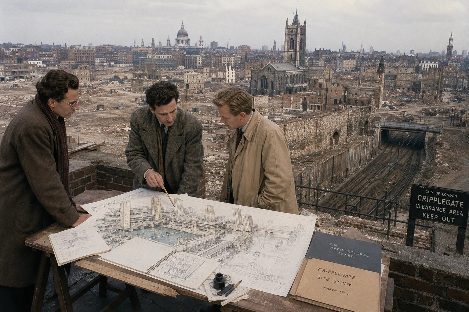 Historical illustration of three planners studying architectural drawings above a heavily cleared city landscape.