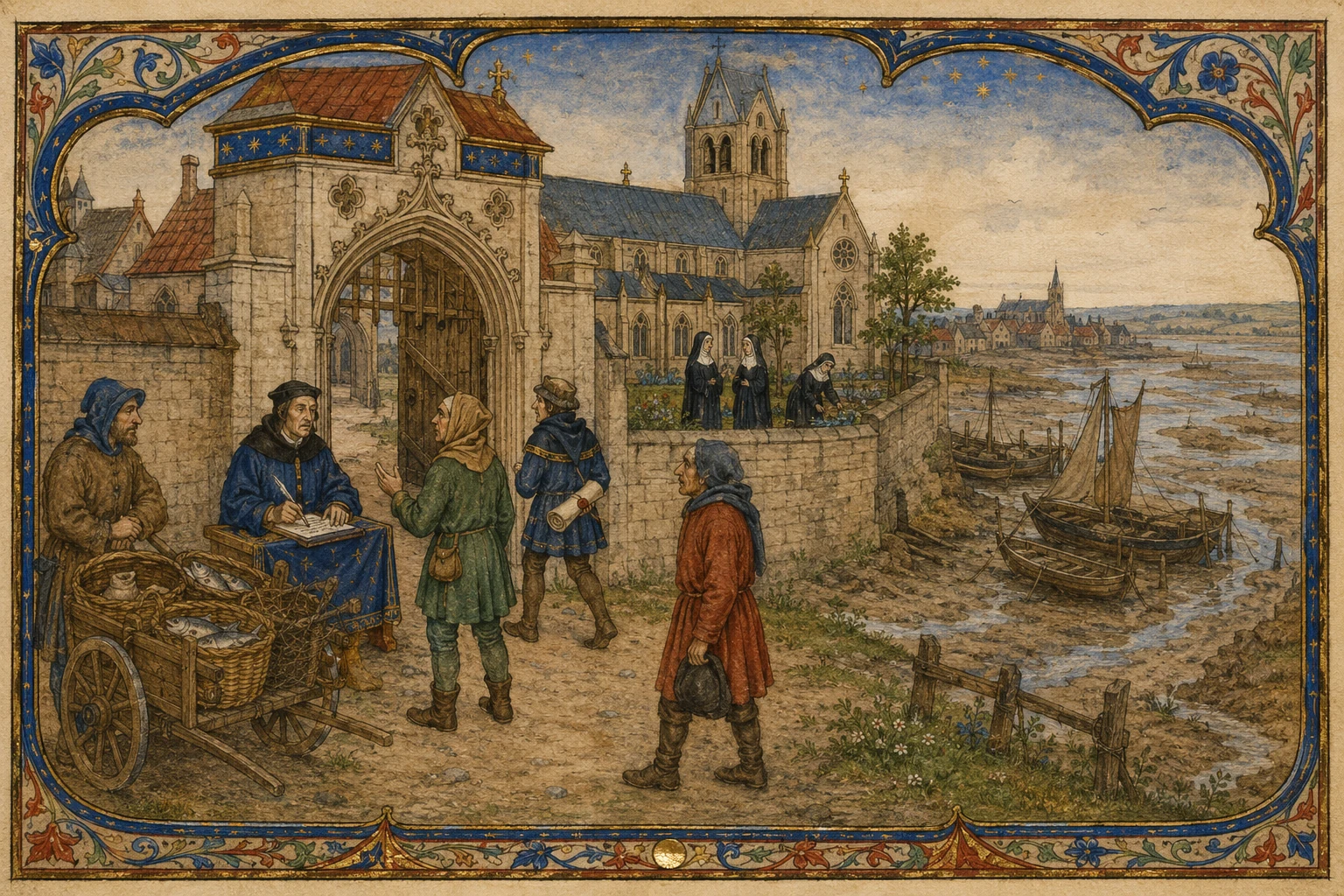 Historical illustration of Barking Abbey near Barking Creek, with nuns, fishers and townspeople beneath a bell tower.