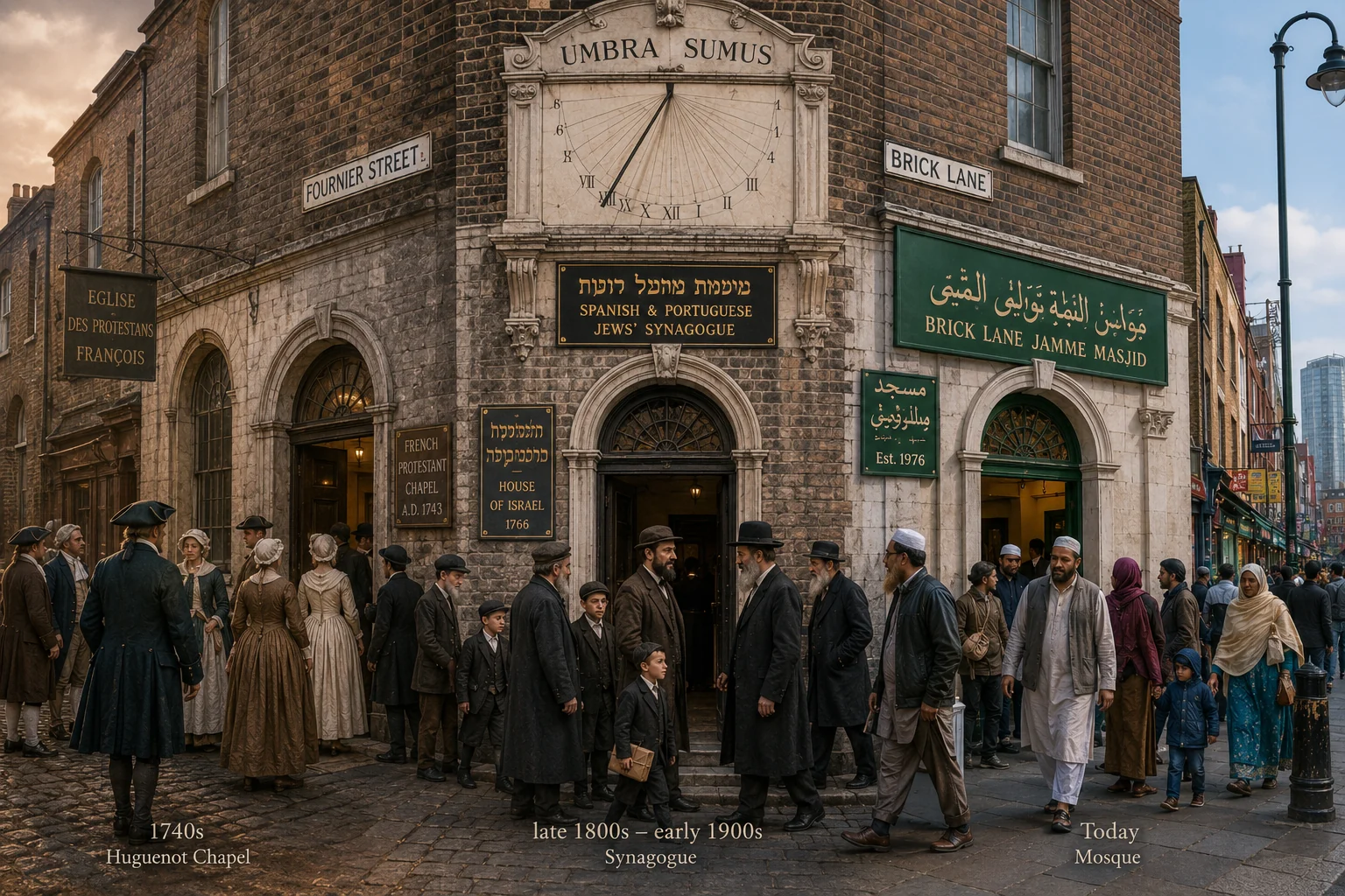 Historical illustration of a Brick Lane corner building shown with changing religious signs and a diverse crowd.