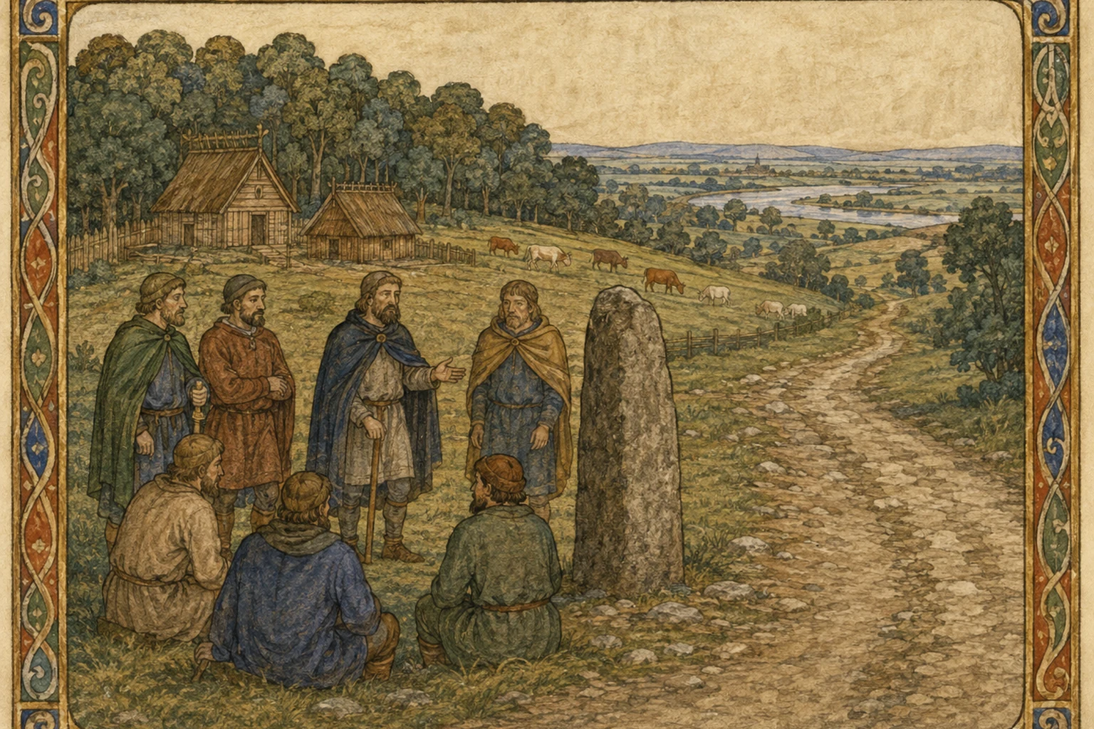 An eleventh-century manuscript-style editorial scene of Anglo-Saxon officials and farmers gathered beside a standing boundary stone on rural Brixton Hill.