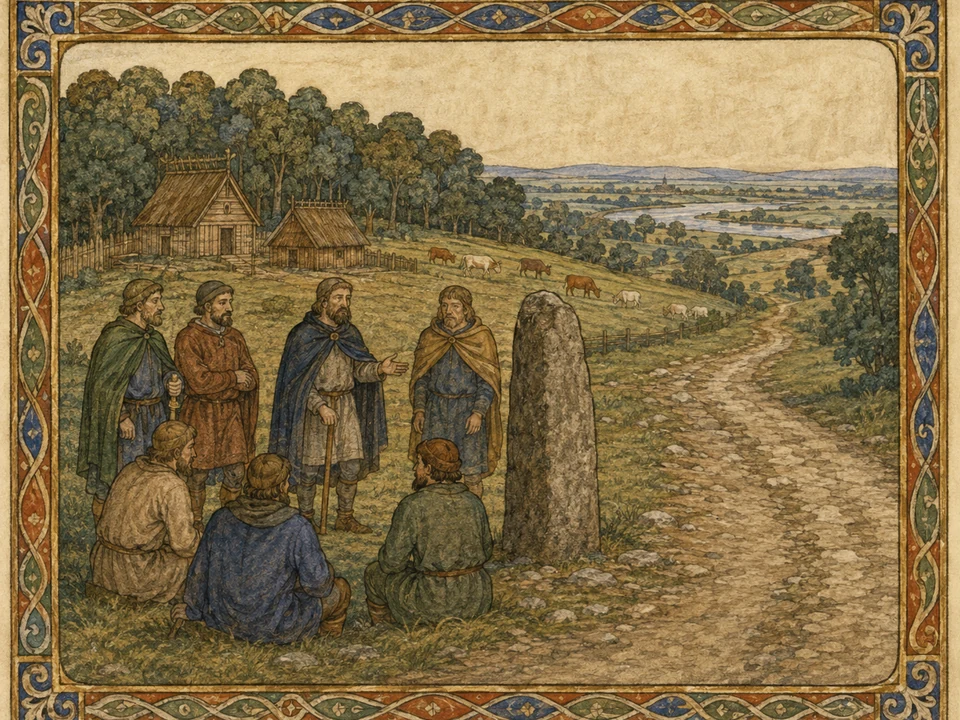 An eleventh-century manuscript-style editorial scene of Anglo-Saxon officials and farmers gathered beside a standing boundary stone on rural Brixton Hill.
