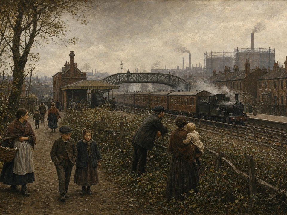 Late-Victorian families and workers beside brambles watch a steam train at Bromley station, with brick terraces, factories and gas holders beyond.
