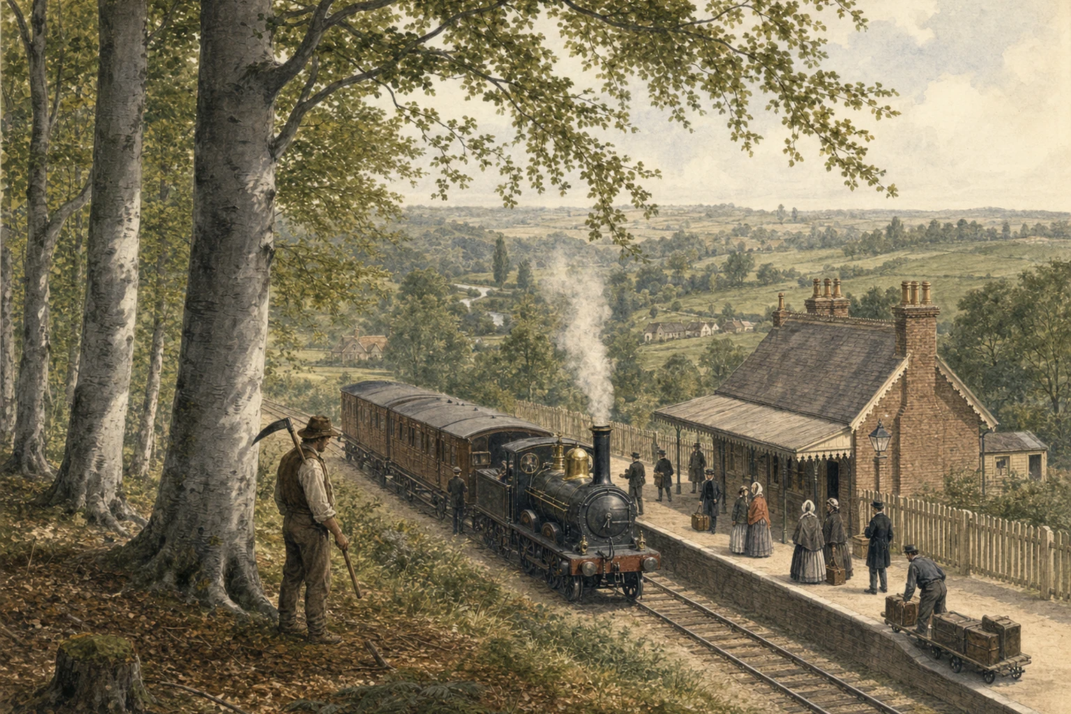 Beech trees overlook travellers and a steam train at a rural Buckhurst Hill station in an editorial evocation of 1856.