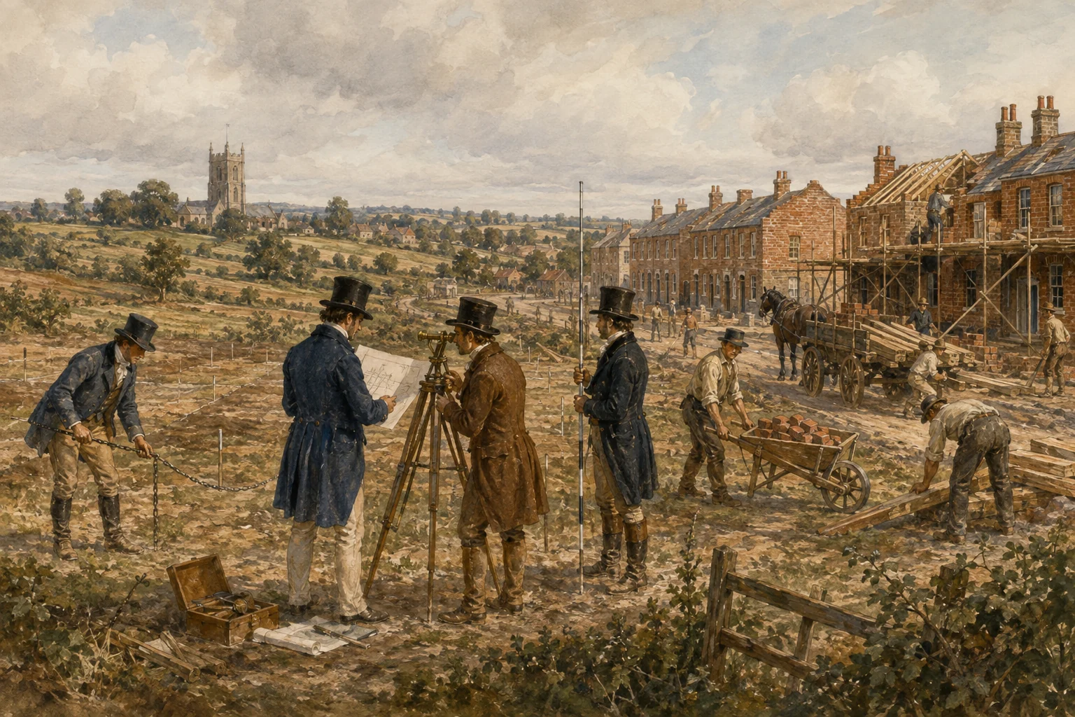 A late-Georgian Camden Town street emerging from former estate land, with surveyors, new terraces and a distant later Underground station evoked editorially.