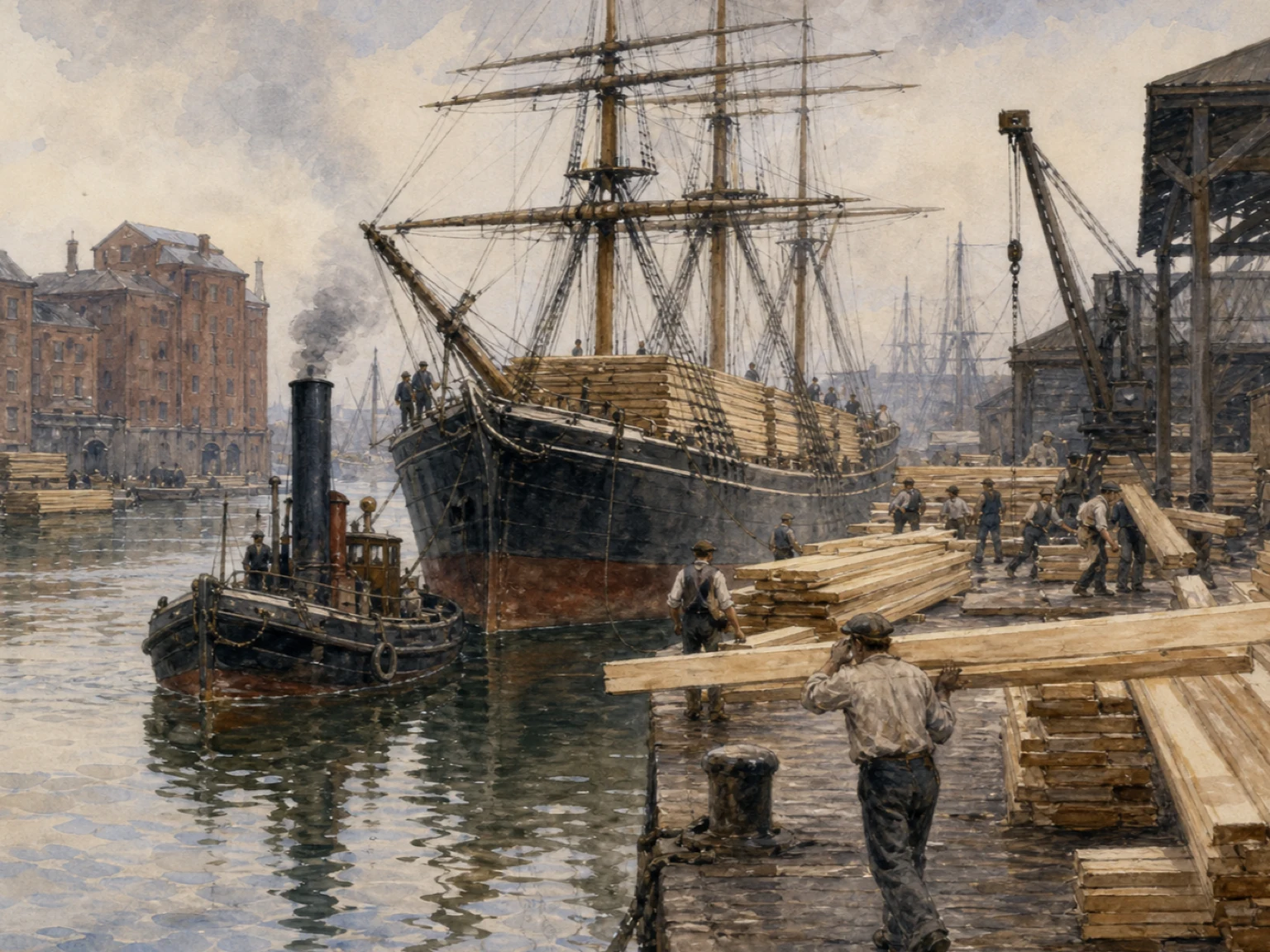 Victorian deal porters stack Canadian timber beside a laden sailing ship and steam tug in Canada Dock in the 1880s