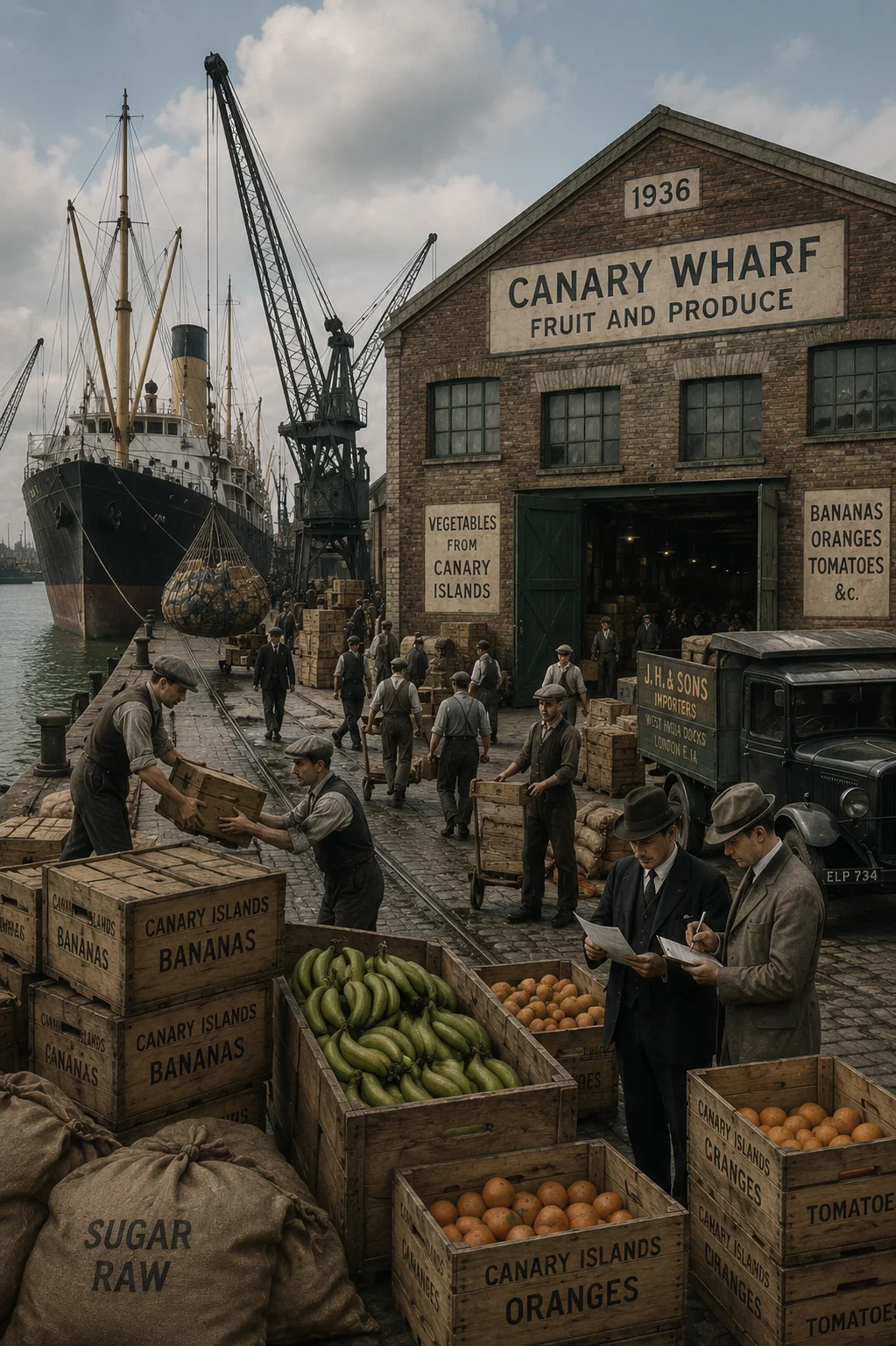 Historical illustration of dock workers unloading fruit beside a Canary Wharf warehouse in 1936.