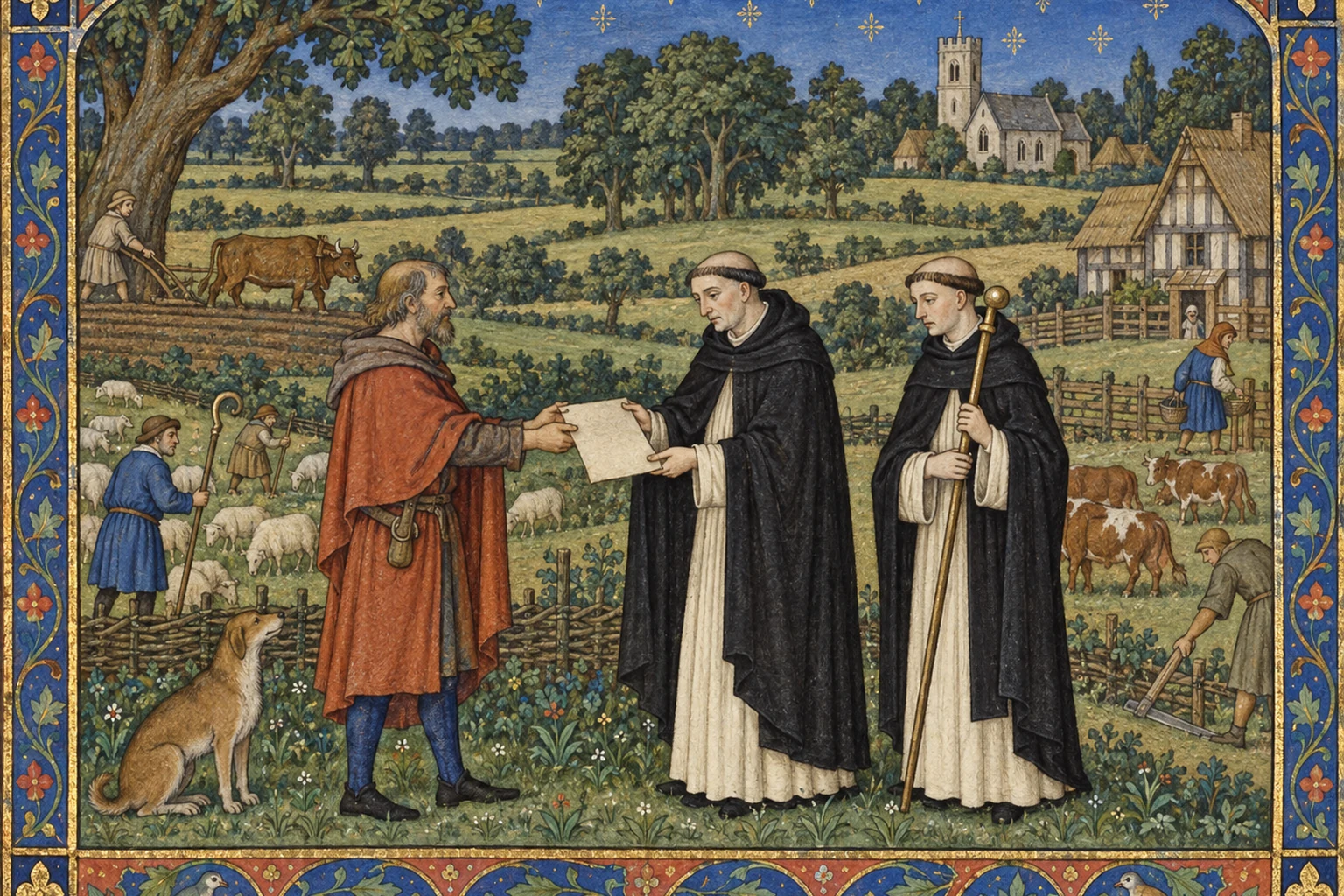 A medieval manuscript-style editorial scene of two Augustinian canons receiving stewardship of rural land at Little Stanmore amid pasture, workers and a distant church.