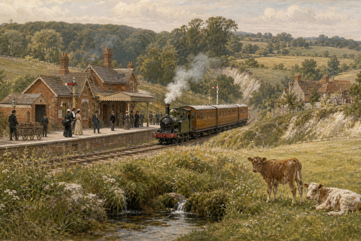 Late-Victorian travellers watch a steam train at a rural Chiltern station, with a spring and two calves in the foreground.