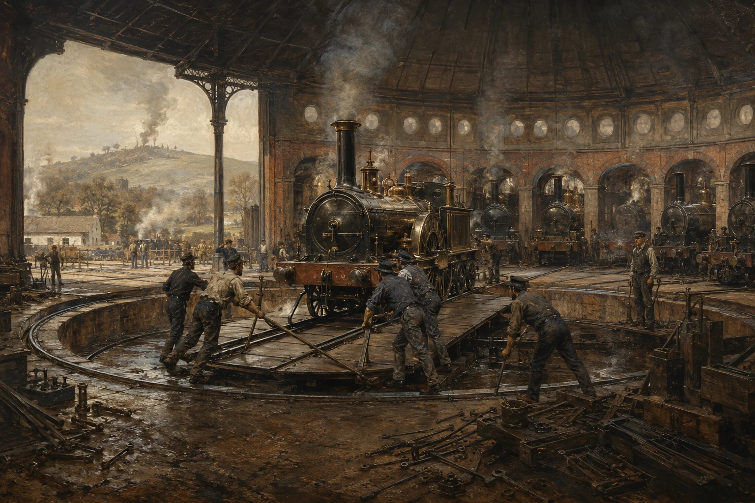 Historical illustration of Chalk Farm with the Roundhouse, railway workers, Primrose Hill and an older rural farm landscape.