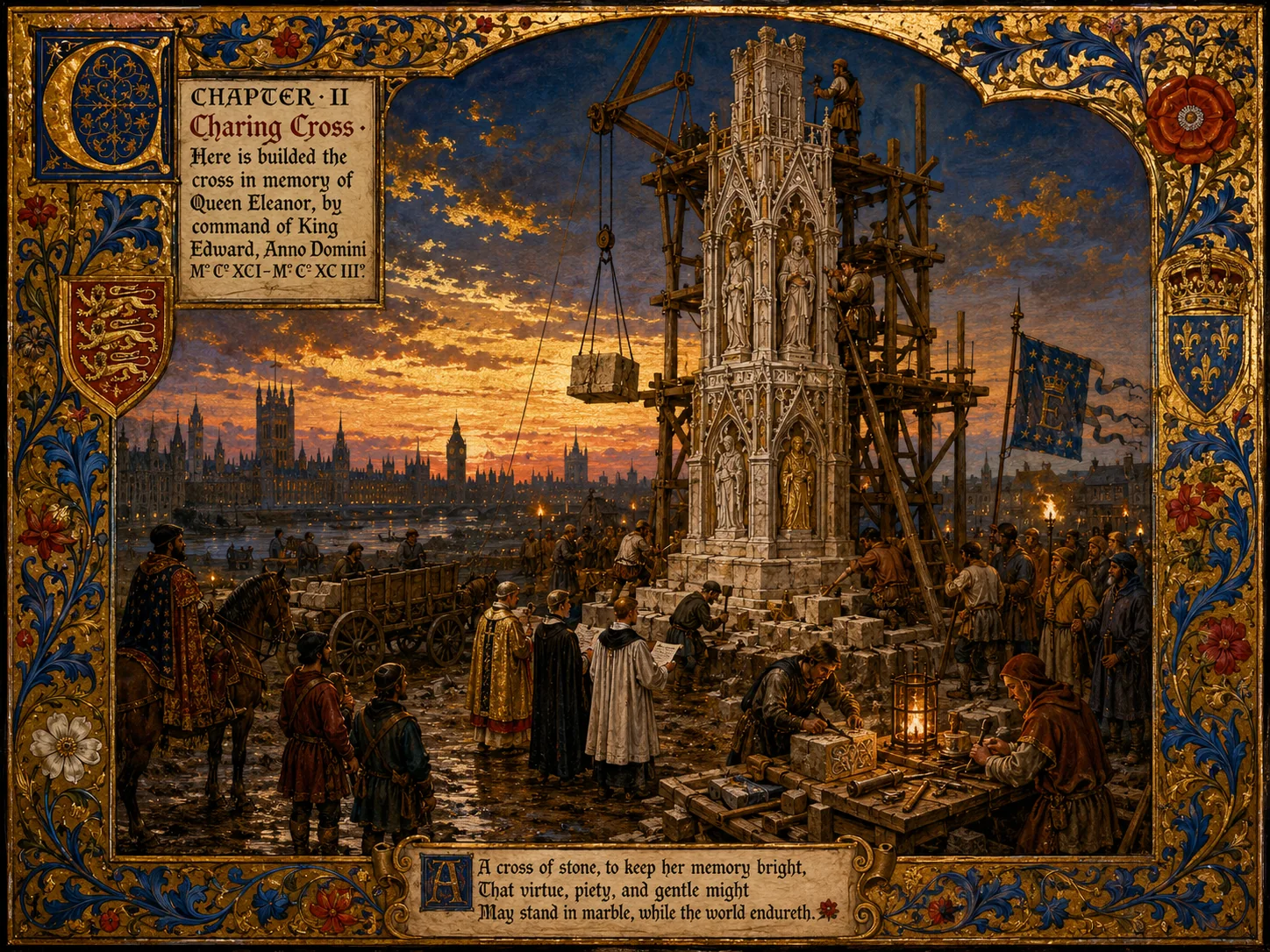 Illuminated-manuscript-style historical illustration of an Eleanor Cross under construction at Charing.
