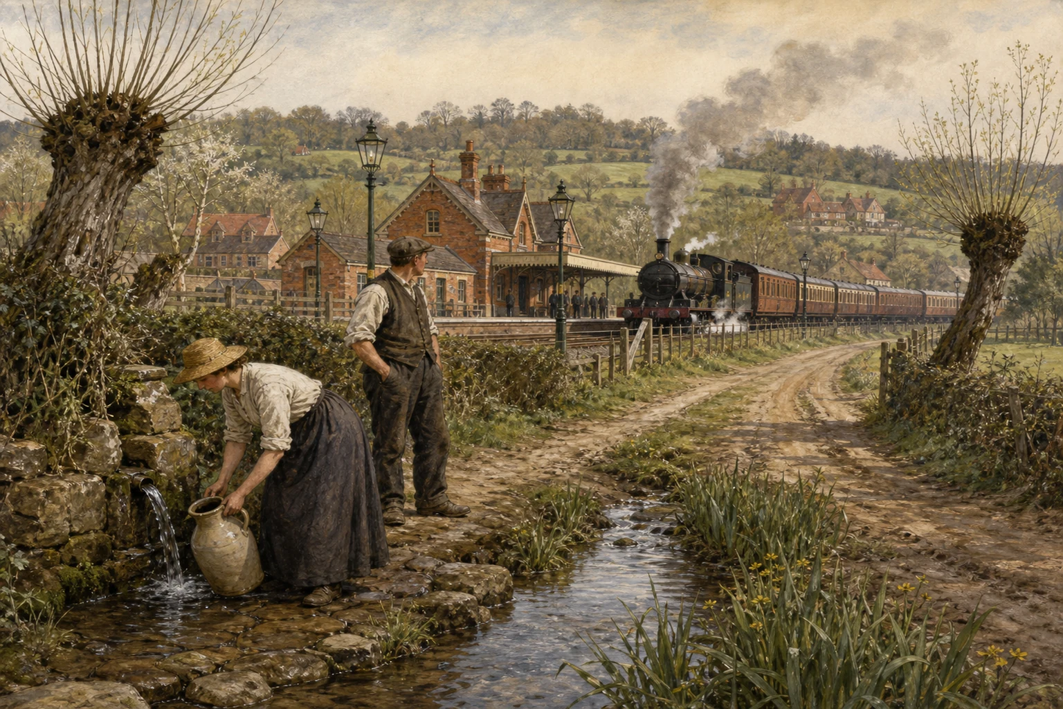 A woman fills a stoneware jug at a spring beside a labourer, Chigwell station and a Great Eastern steam train in 1903.