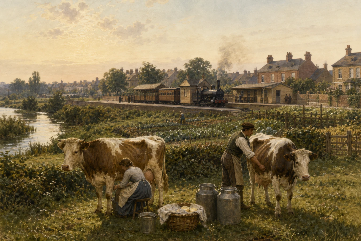 Late-Victorian dairy workers and two cows stand beside milk churns, with a steam train and a new suburban station beyond market gardens.
