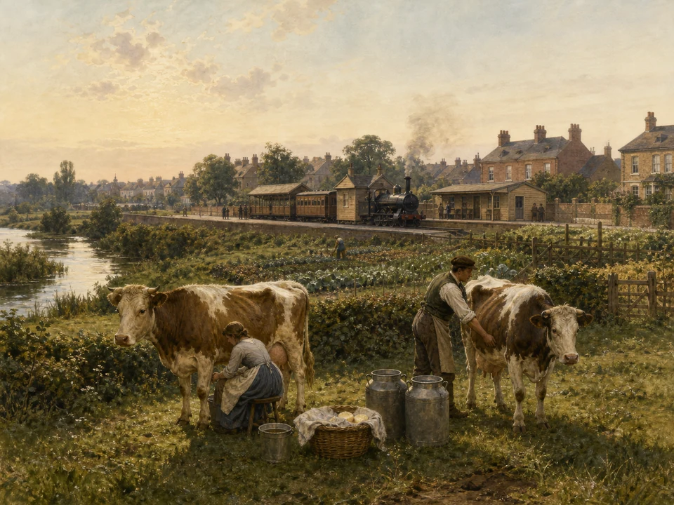 Late-Victorian dairy workers and two cows stand beside milk churns, with a steam train and a new suburban station beyond market gardens.