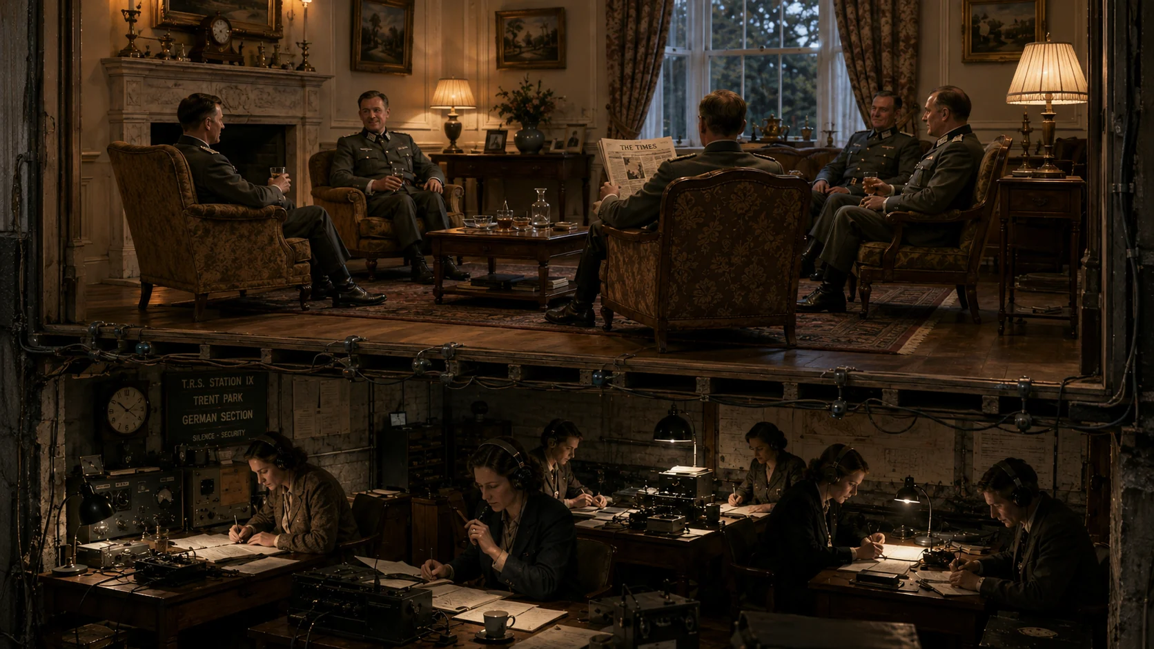 Historical split-scene illustration of officers meeting in a sitting room above women working at codebreaking desks.