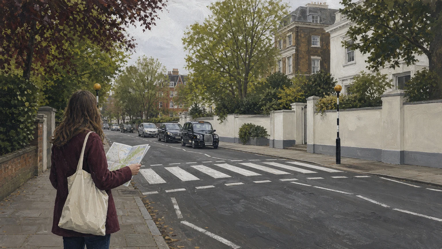 An editorial illustration of a visitor consulting a map beside the Abbey Road zebra crossing in St John’s Wood.