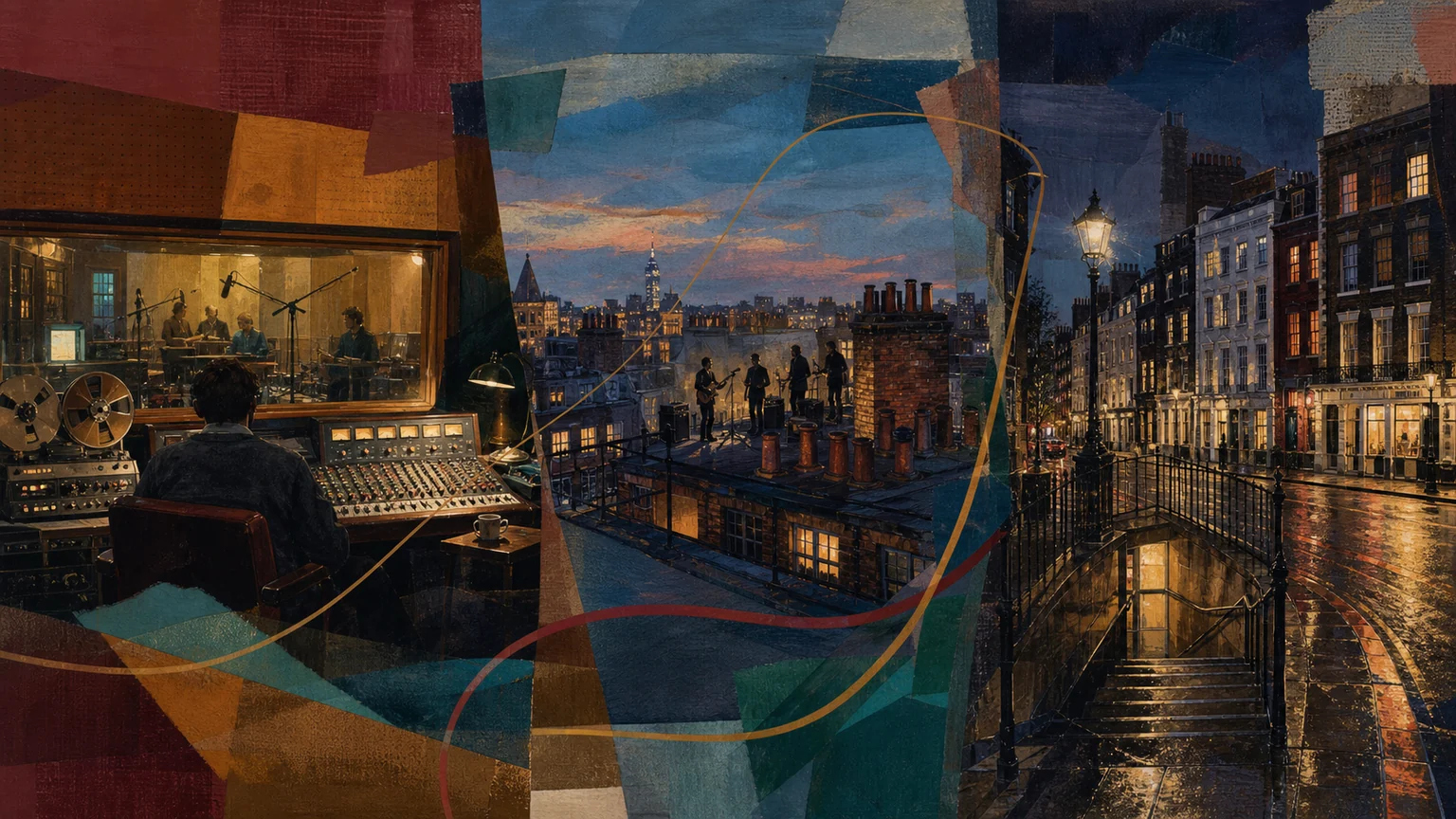 An editorial collage of a recording studio, a London rooftop performance and an Underground entrance at night.
