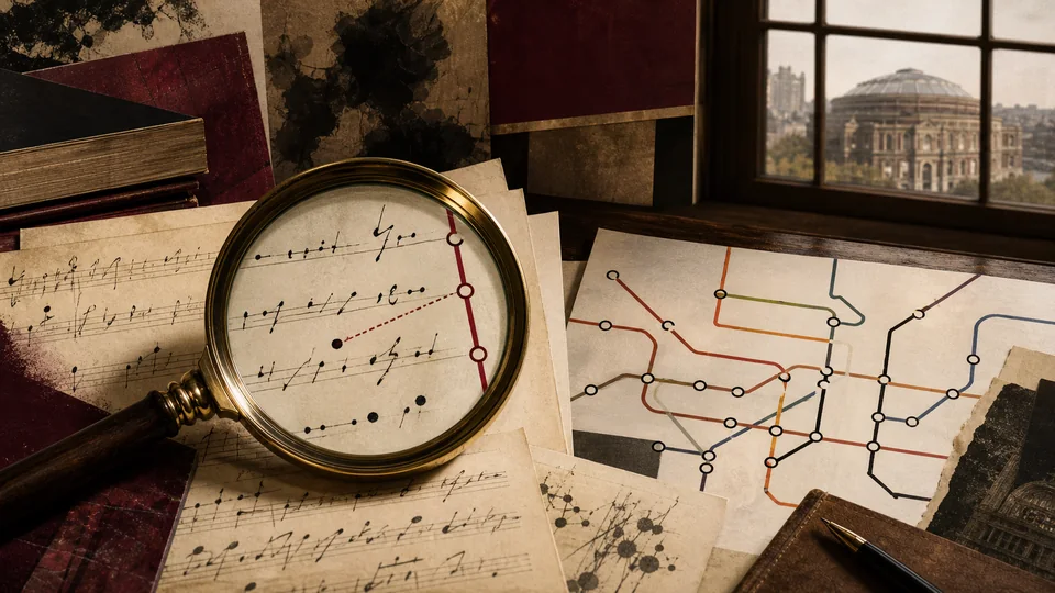 An editorial research still life with music pages, a magnifying glass and an abstract London rail diagram.
