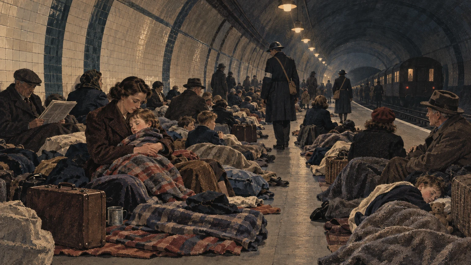 An original editorial illustration of families resting under blankets on a 1940 Underground platform while wardens walk between them and a train waits in the tunnel.