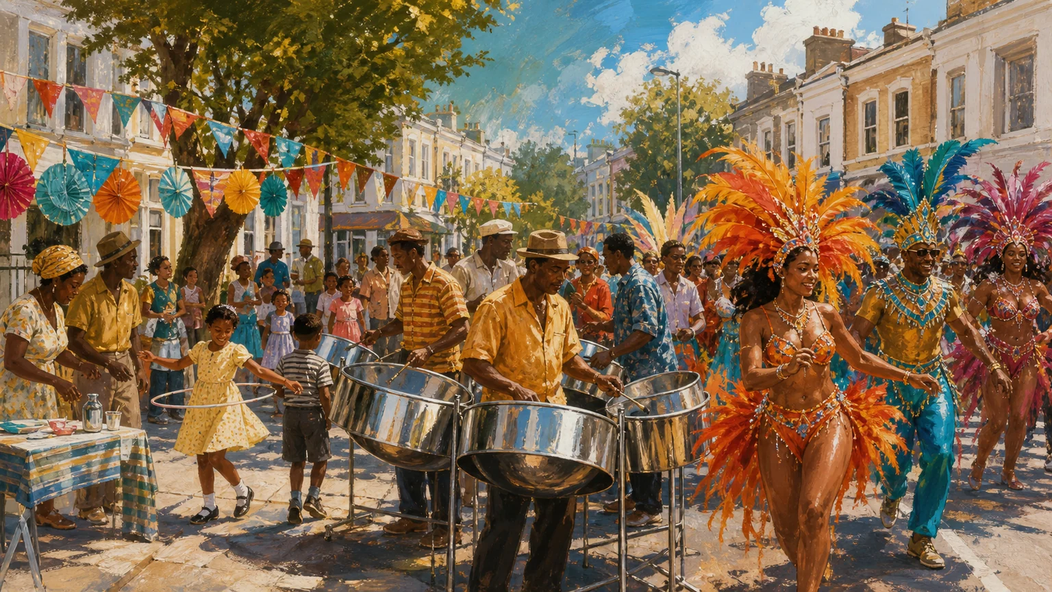 An editorial illustration joining a 1960s west London children’s street fayre and steelpan band to a modern Carnival procession.