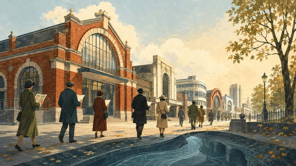 An editorial illustration of visitors studying guide sheets beside a sequence of Underground station façades, with the buried River Fleet visible beneath the street.