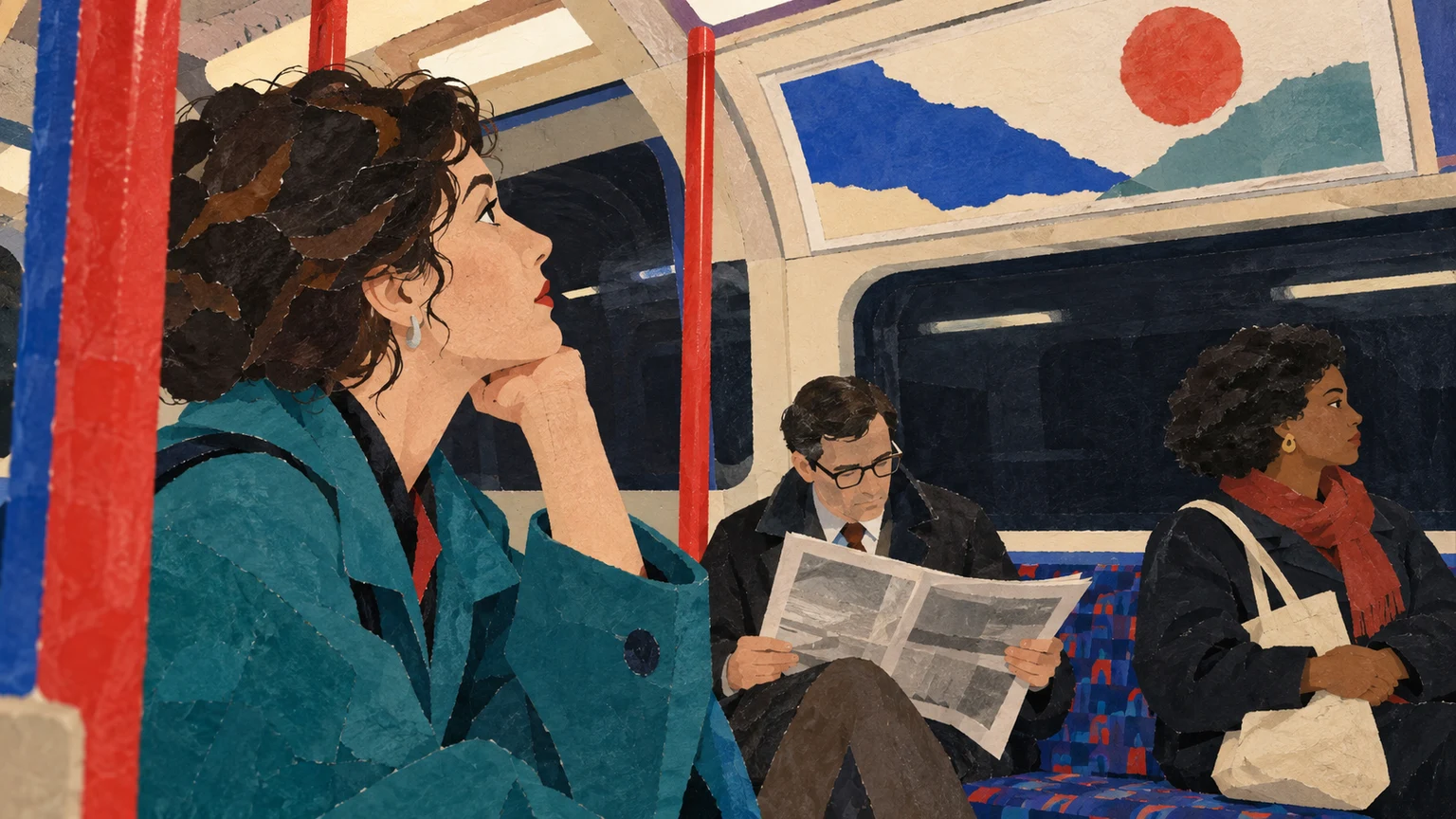 An imagined late-1980s Tube carriage in coloured-paper collage, with a passenger looking towards an abstract poster above the window.