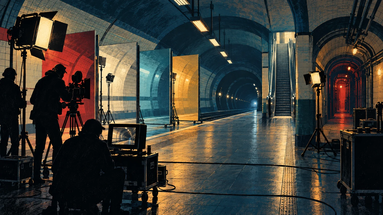 Editorial illustration of an anonymous film crew lighting an imagined disused Underground platform, with an escalator and tunnel beyond.