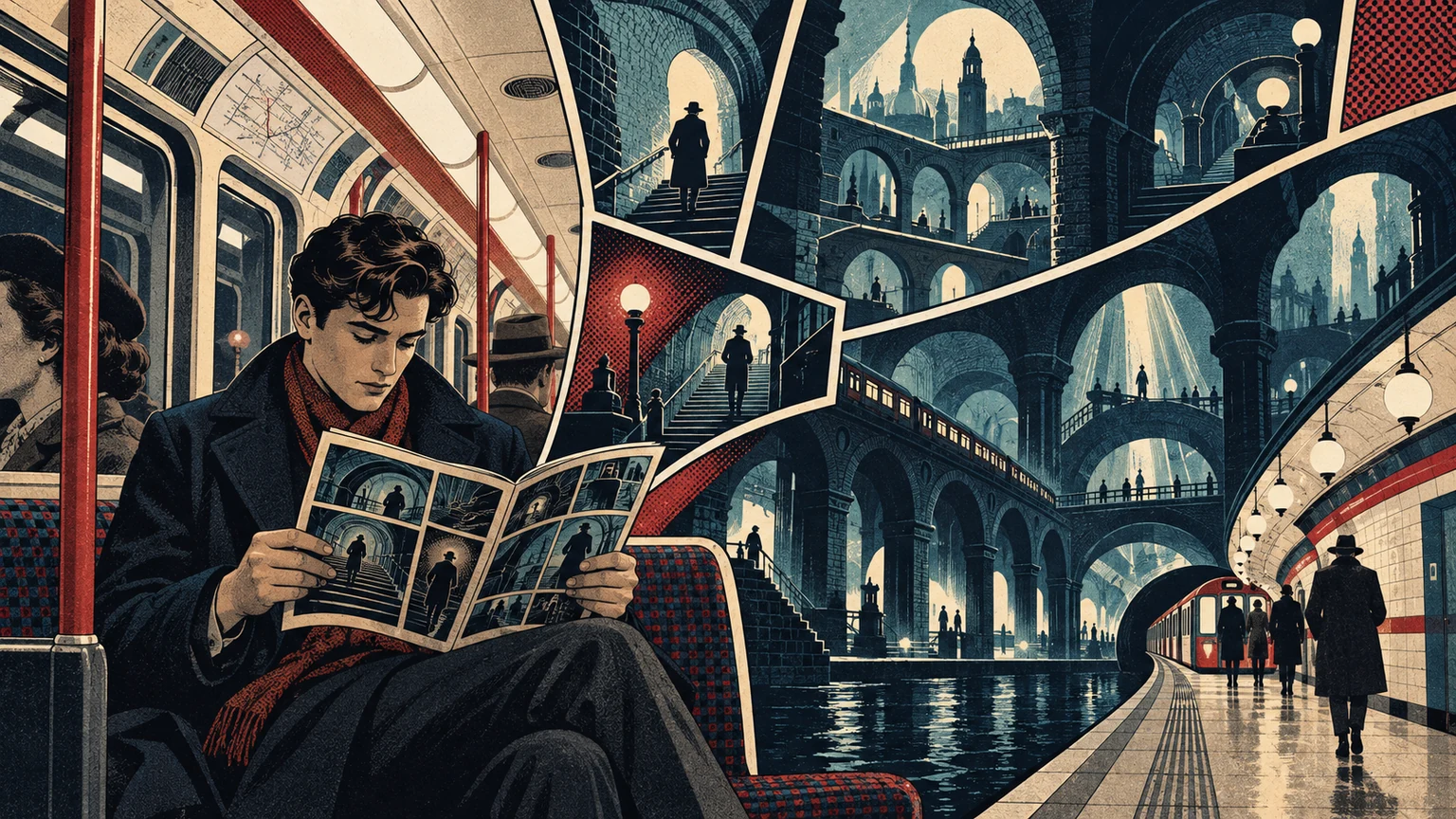 An original editorial illustration of a commuter reading a fictional comic in a Tube carriage as panels open into an imagined underground city.