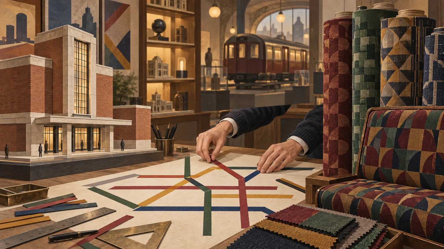Editorial illustration of a modernist station model, hands arranging abstract coloured route lines and rolls of geometric transport upholstery inside a museum store.