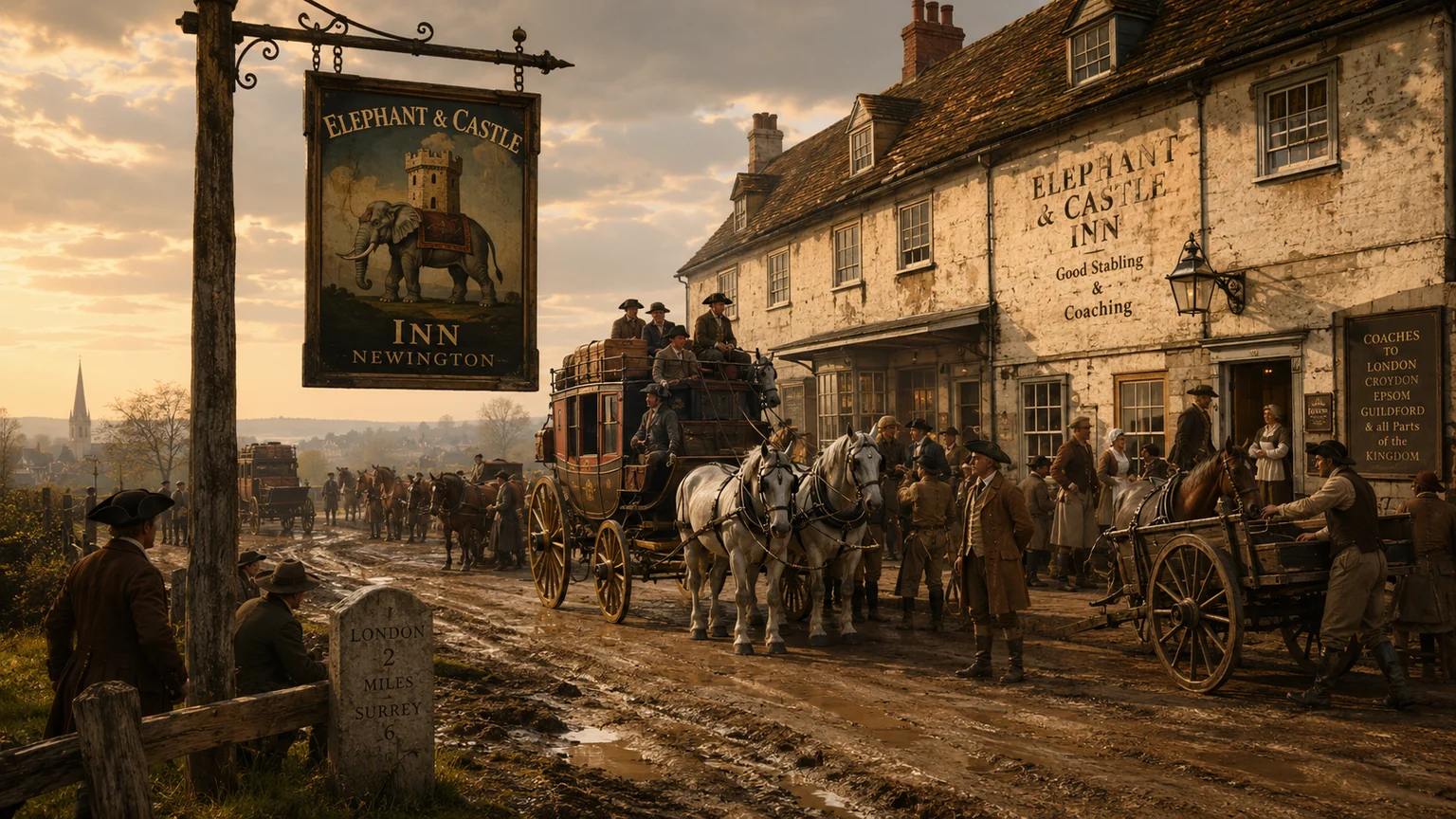 Historical illustration of a busy roadside inn named Elephant and Castle, with horse-drawn traffic gathered outside.