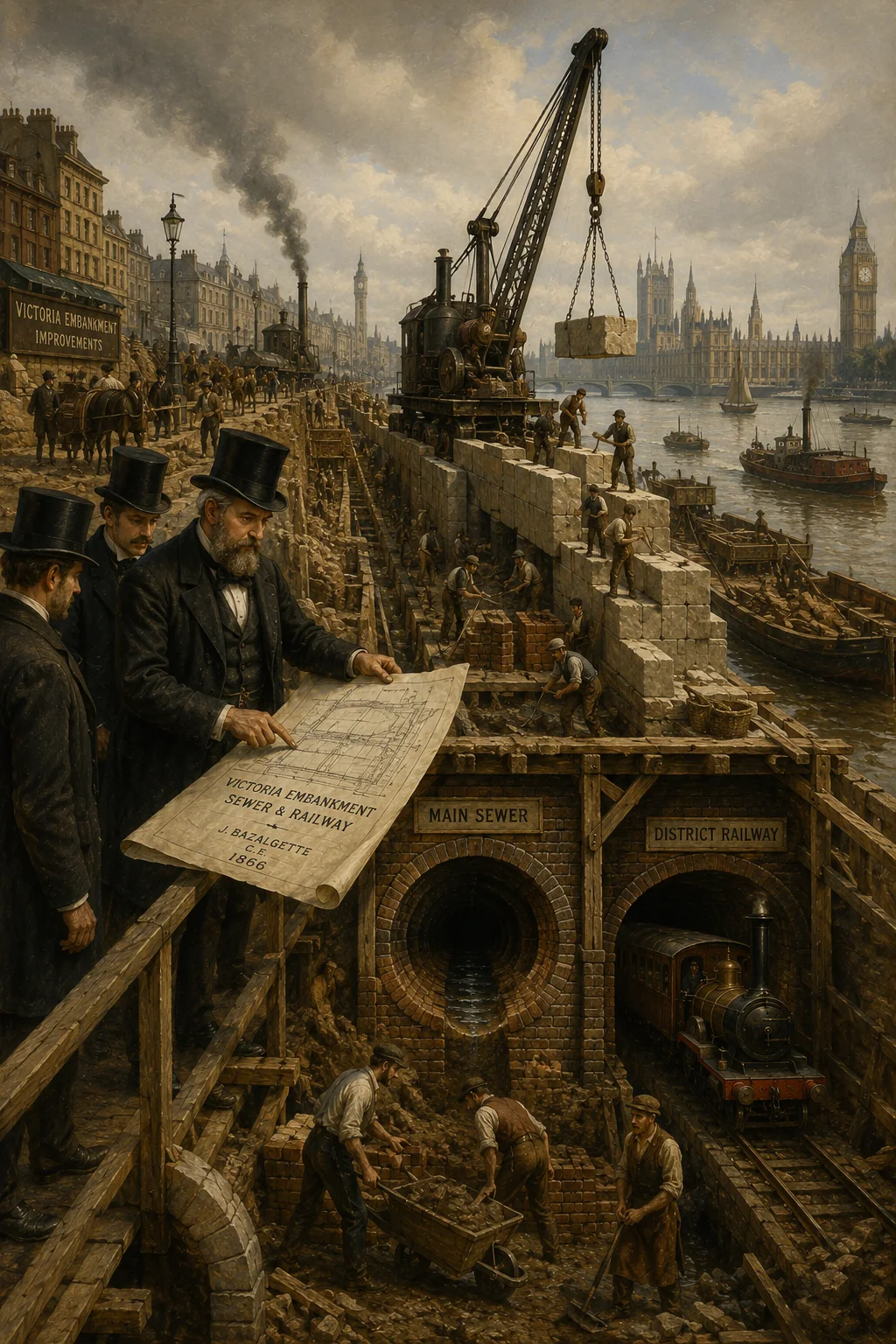 Historical illustration of Victorian engineers constructing the Thames Embankment beside the river.