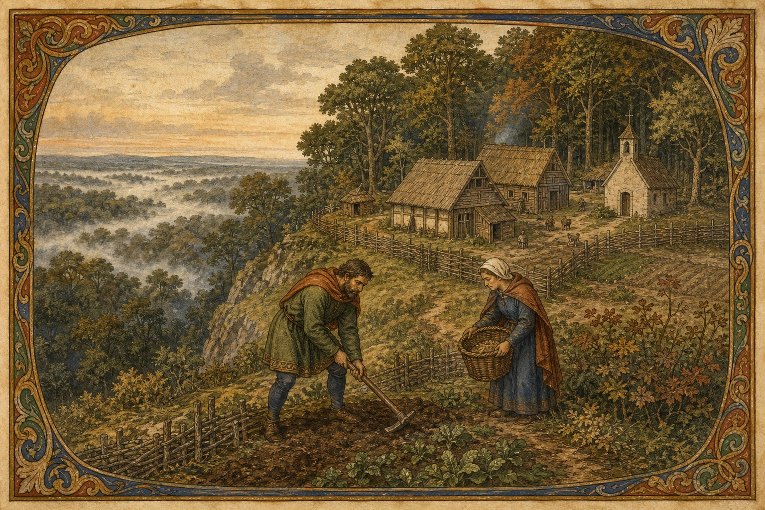 Two early-medieval upland dwellers cultivate a ridge beside timber farm buildings and a small chapel, with Essex woodland descending into mist.