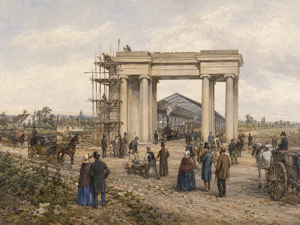 An early-Victorian evocation of Euston’s first railway terminus, with the Doric Arch, a steam train, horse-drawn cabs, workers and passengers.