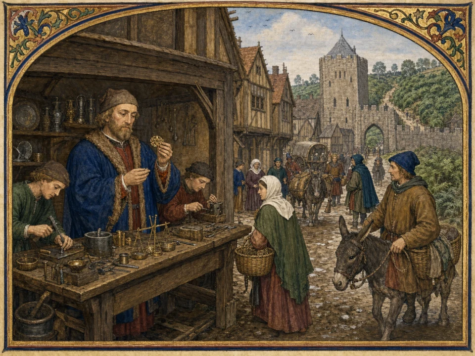 A medieval London goldsmith examines his work beside apprentices, timber houses and a western City gate