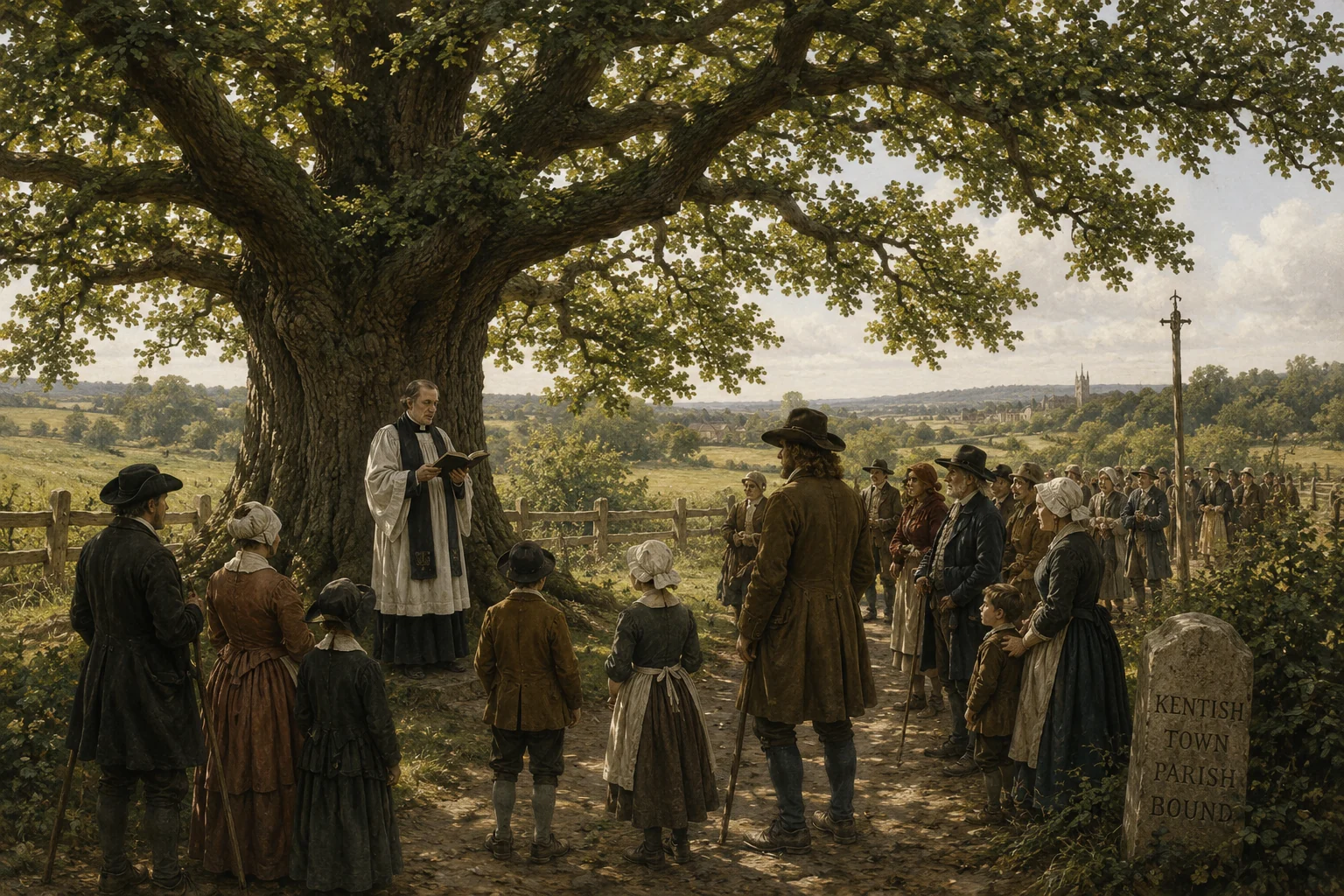 Historical illustration of a preacher addressing a rural crowd beneath a large oak tree.