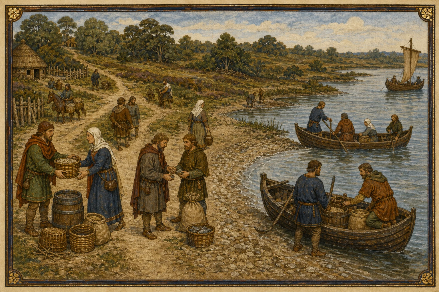 Anglo-Saxon traders exchanging baskets and barrels beside wooden boats on Greenwich’s gravel foreshore