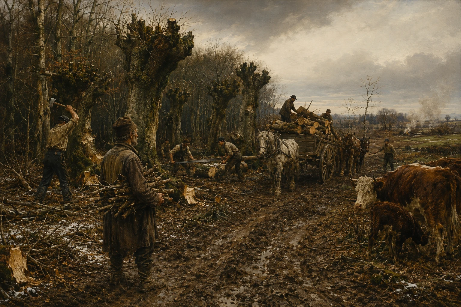Historical illustration of Hainault Forest being felled, with commoners, grazing animals and railway earthworks in the distance.