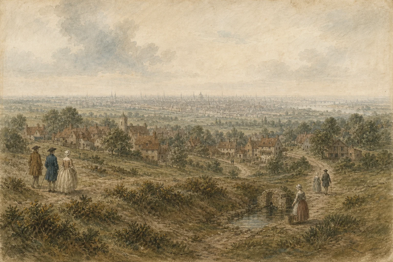 Early-eighteenth-century topographical watercolour-style editorial view from Hampstead Heath across the village, spring and distant London.