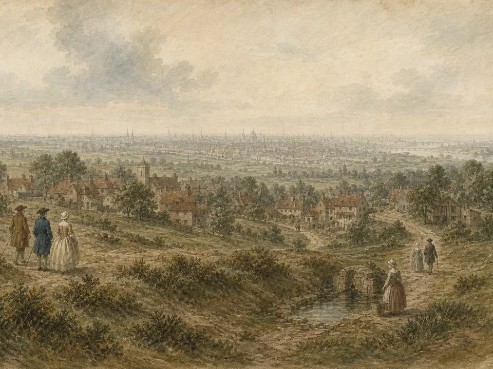 Early-eighteenth-century topographical watercolour-style editorial view from Hampstead Heath across the village, spring and distant London.