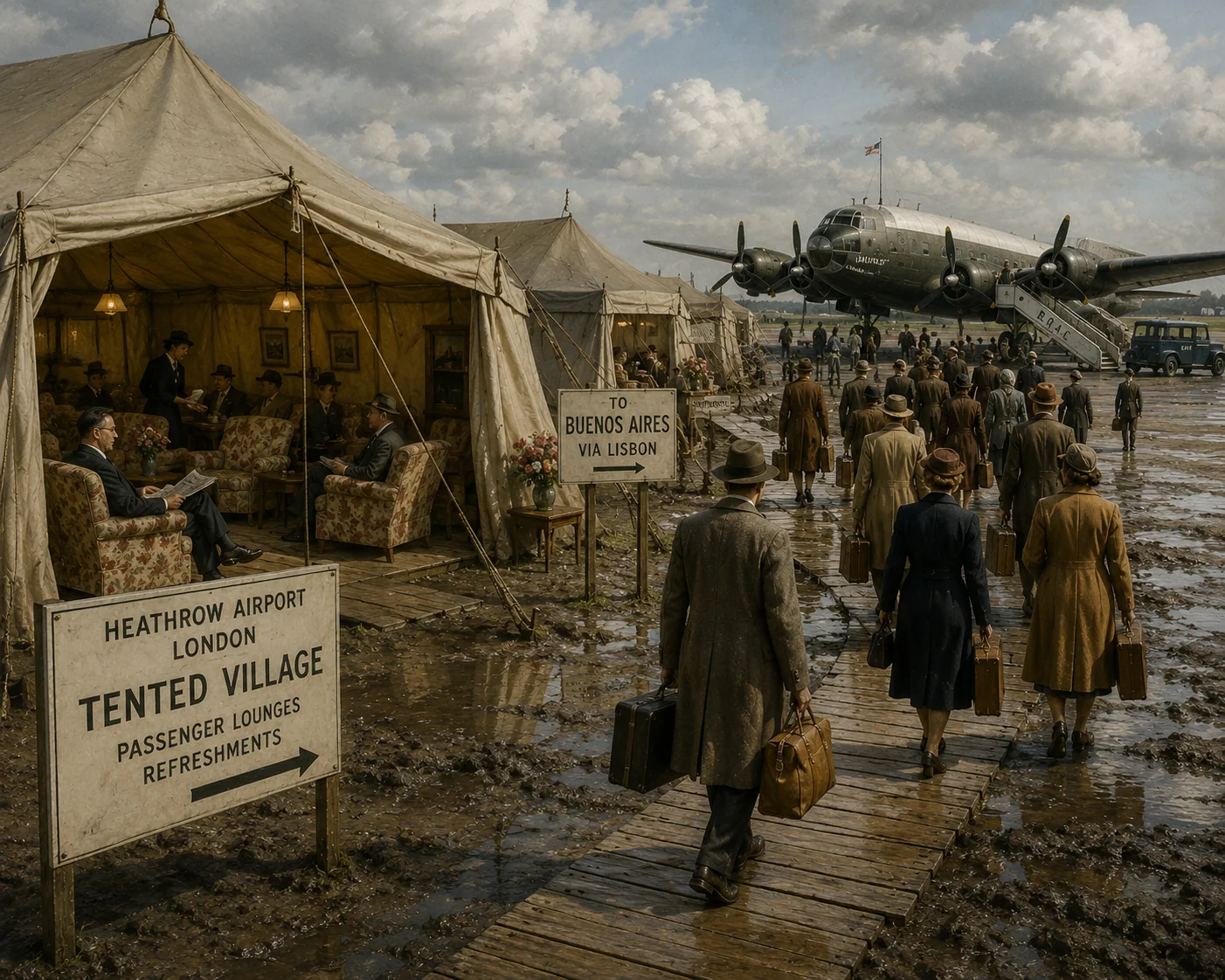Historical illustration of passengers walking through a tented Heathrow Airport departure area after the Second World War.