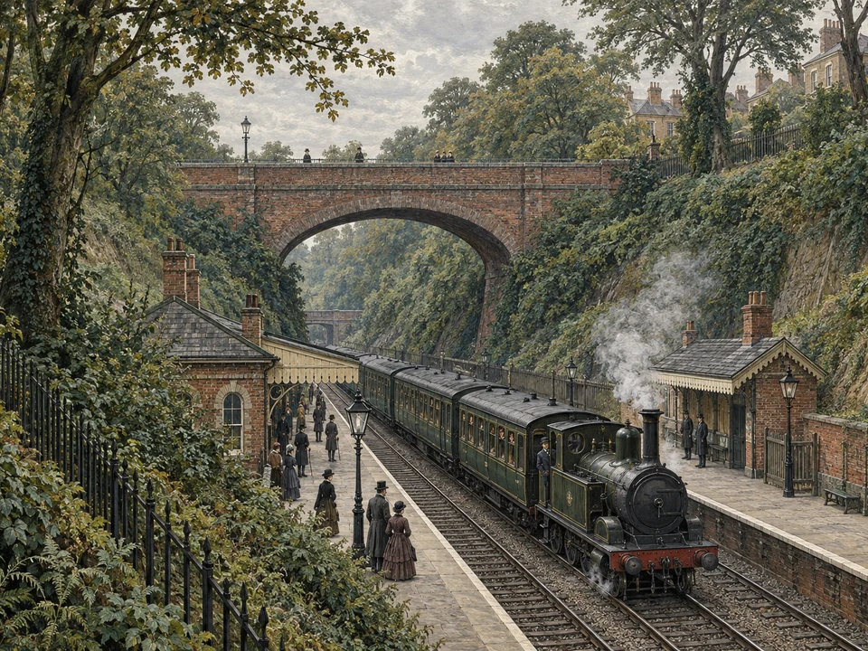 A painterly editorial view of Highgate’s Victorian steam station in a deep wooded cutting, with brick platforms, a road bridge and a small green train.
